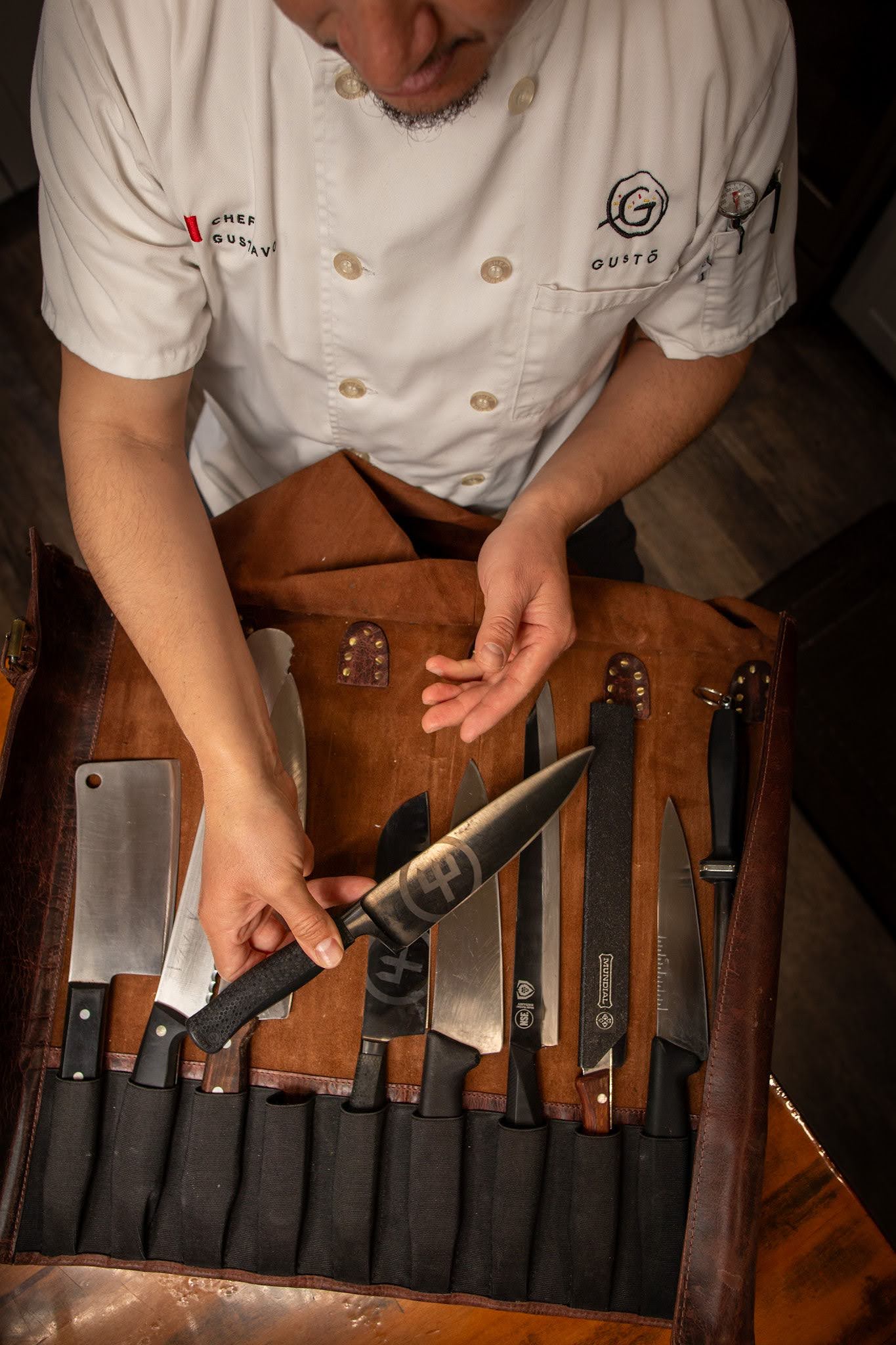 Chef Gustavo preparing his knives.